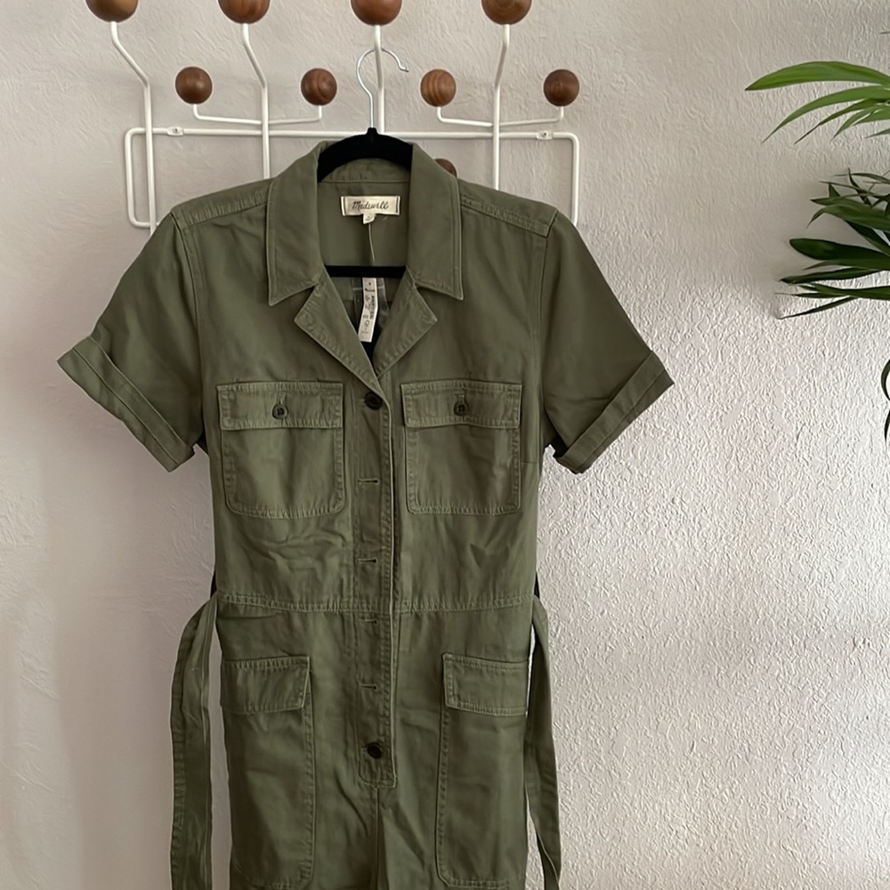 Madewell army green short sleeve jumpsuit